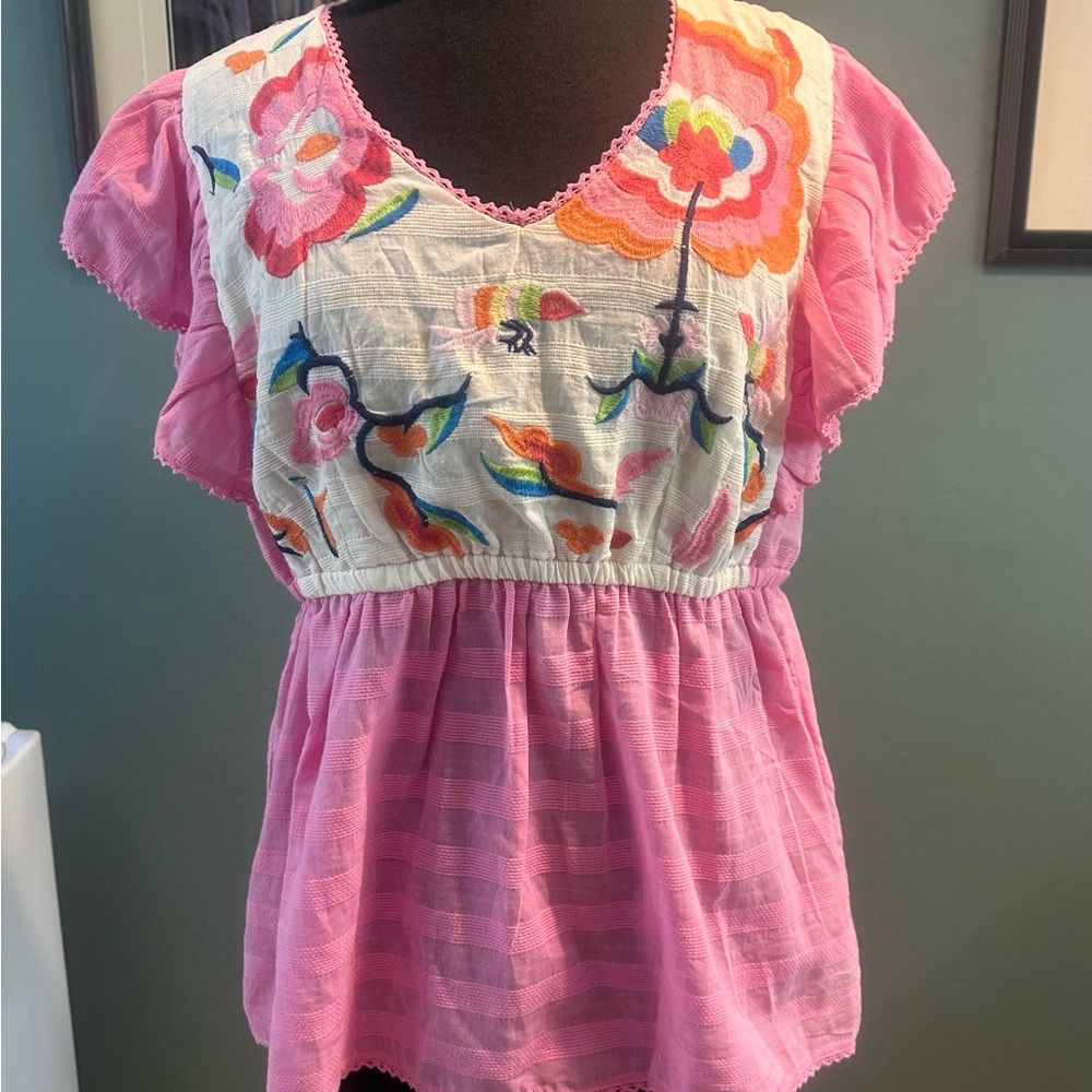Cato Pink Floral Peplum Embroidered Blouse Size Large